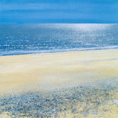 Paul Evans, Silver Tide (Modern, Malerei, Photorealismus, Meeresbrise, Meer, Horizont, Reflexion, Spiegelung, Licht, Welle, Strand, Sand, blau / weiß / beige)