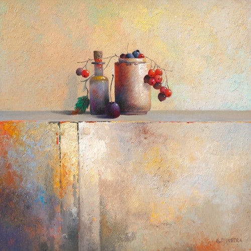 Evert Dijkstra, No Title I (Stillleben, modern, Flasche, Gefäß, Beeren, Esszimmer, Küche, Gastronomie, Cuisine, Wunschgröße, shabby chic, bunt)