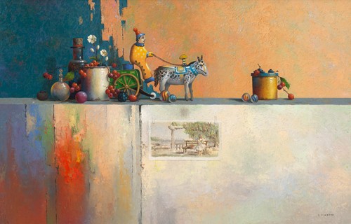 Evert Dijkstra, No Title IX (Stillleben, modern, Flasche, Gefäße, Beeren, Blechspielzeug, Pferdekarren, Esszimmer, Küche, Gastronomie, Cuisine, Wunschgröße, shabby chic, bunt)