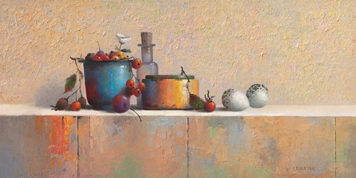 Evert Dijkstra, No Title VI (Stillleben, modern, Flasche, Gefäß, Beeren, Esszimmer, Küche, Gastronomie, Cuisine, Wunschgröße, shabby chic, bunt)