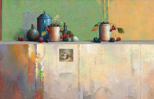 Evert Dijkstra, No Title VIII (Stillleben, modern, Flasche, Gefäße, Beeren, Esszimmer, Küche, Gastronomie, Cuisine, Wunschgröße, shabby chic, bunt)