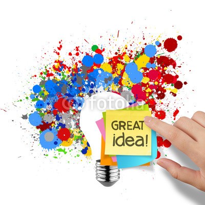 everythingpossible, great idea sticky note with splash colors lightbulb on white bac (kunst, angriff, hintergrund, schwarz, hips, hell, glÃ¼hbirne, colour, konzept, kreativ, kreativitÃ¤t, remis, zeichnung, electric, elektrizitÃ¤t, energie, kuvasz, kompetenz, fantasy, geniesen, growth, hand, icon, ideen, abbild, innovation, inspiration, lam)
