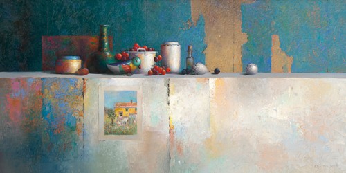 Evert Dijkstra, No Title III (Stillleben, modern, Flasche, Gefäße, Beeren, Esszimmer, Küche, Gastronomie, Cuisine, Wunschgröße, shabby chic, bunt)