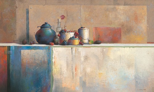 Evert Dijkstra, No Title X (Stillleben, modern, Flasche, Gefäße, Beeren, Esszimmer, Küche, Gastronomie, Cuisine, Wunschgröße, shabby chic, bunt)