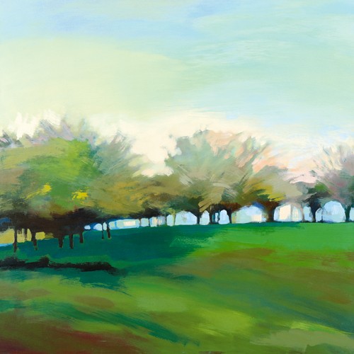 Ewa Mazur-Devaux, Champs de pommiers (Wunschgröße, Modern, zeitgenössisch, Malerei, Landschaften, Bäume, Wiese, Büro, Wohnzimmer, Schlafzimmer, Wellness, bunt)