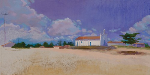 Ewa Mazur-Devaux, Une rencontre-Tatajuba (Wunschgröße, Modern, zeitgenössisch, Malerei, Landschaften,  Horizont, Himmel, Wolken, Kirche, Dorf, Dorfkirche, Haus, Sand, Einsamkeit,  Wohnzimmer, Schlafzimmer,  bunt)