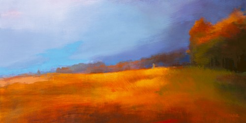 Ewa Mazur-Devaux, Chemain (Wunschgröße, Modern, zeitgenössisch, Malerei, Landschaften, Feld, Licht, Leuchten, Wiese, Horizont, Bäume, Büro, Wohnzimmer, Schlafzimmer,  orange, blau)