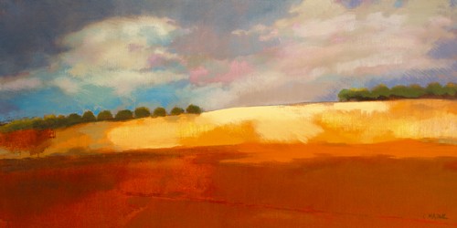 Ewa Mazur-Devaux, Vers Fs - falaise (Wunschgröße, Modern, zeitgenössisch, Malerei, Landschaften, Feld, Licht, Leuchten, Wiese, Horizont, Bäume, Büro, Wohnzimmer, Schlafzimmer,  orange, blau)