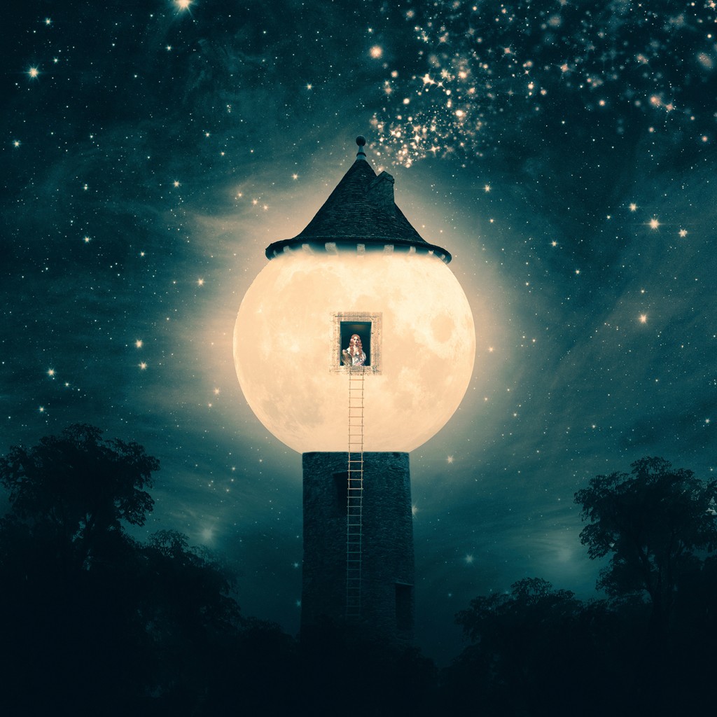 Paula Belle Flores, The Moon Tower (Turm, Mond, Vollmond, Leiter, Nachtszene, Sternenhimmel, mystisch, Fantasy, surreal, modern, Schlafzimmer, Jugendzimmer, Wunschgröße)