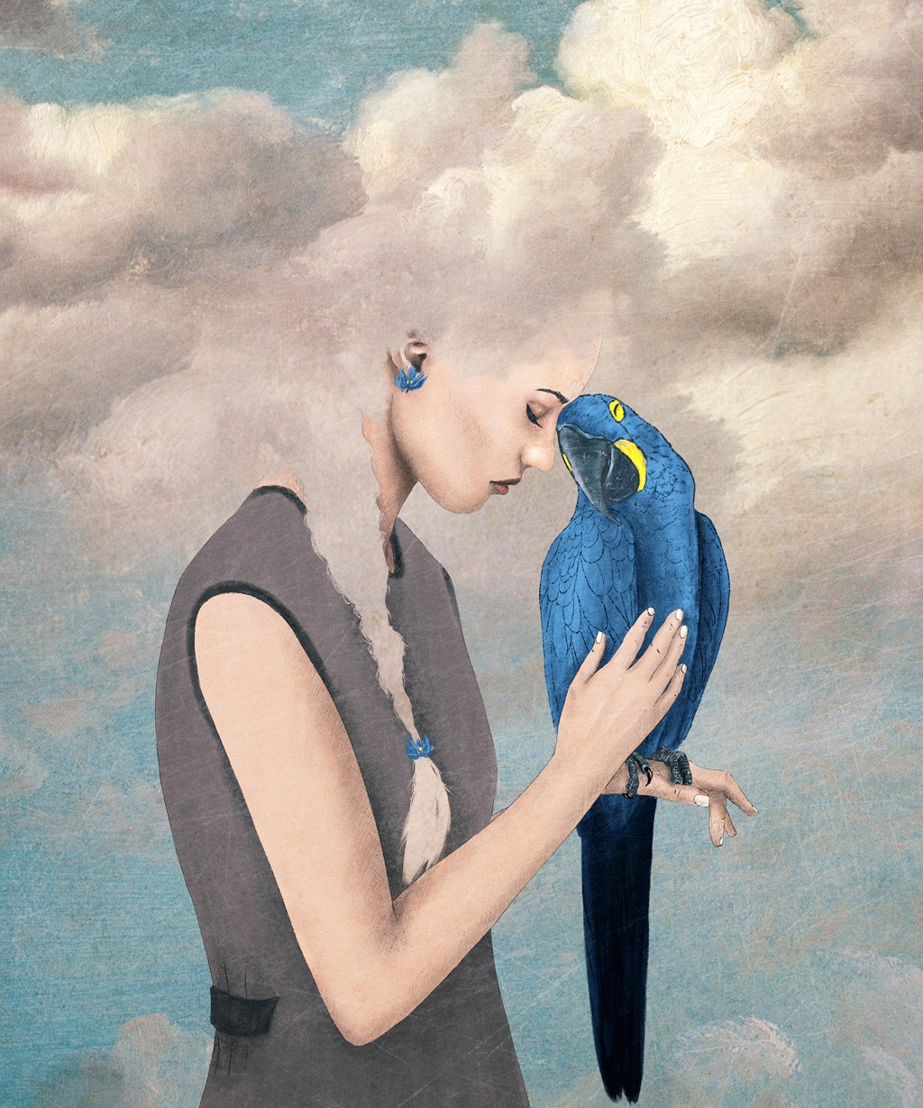 Paula Belle Flores, You are Safe with Me (junge Frau, Wolken, Haare, Ara, Hyazinthara, Papagei, Schutz, Vertrauen, nachdenklich mystisch, Fantasy, surreal, modern, Wohnzimmer, Jugendzimmer, Wunschgröße)