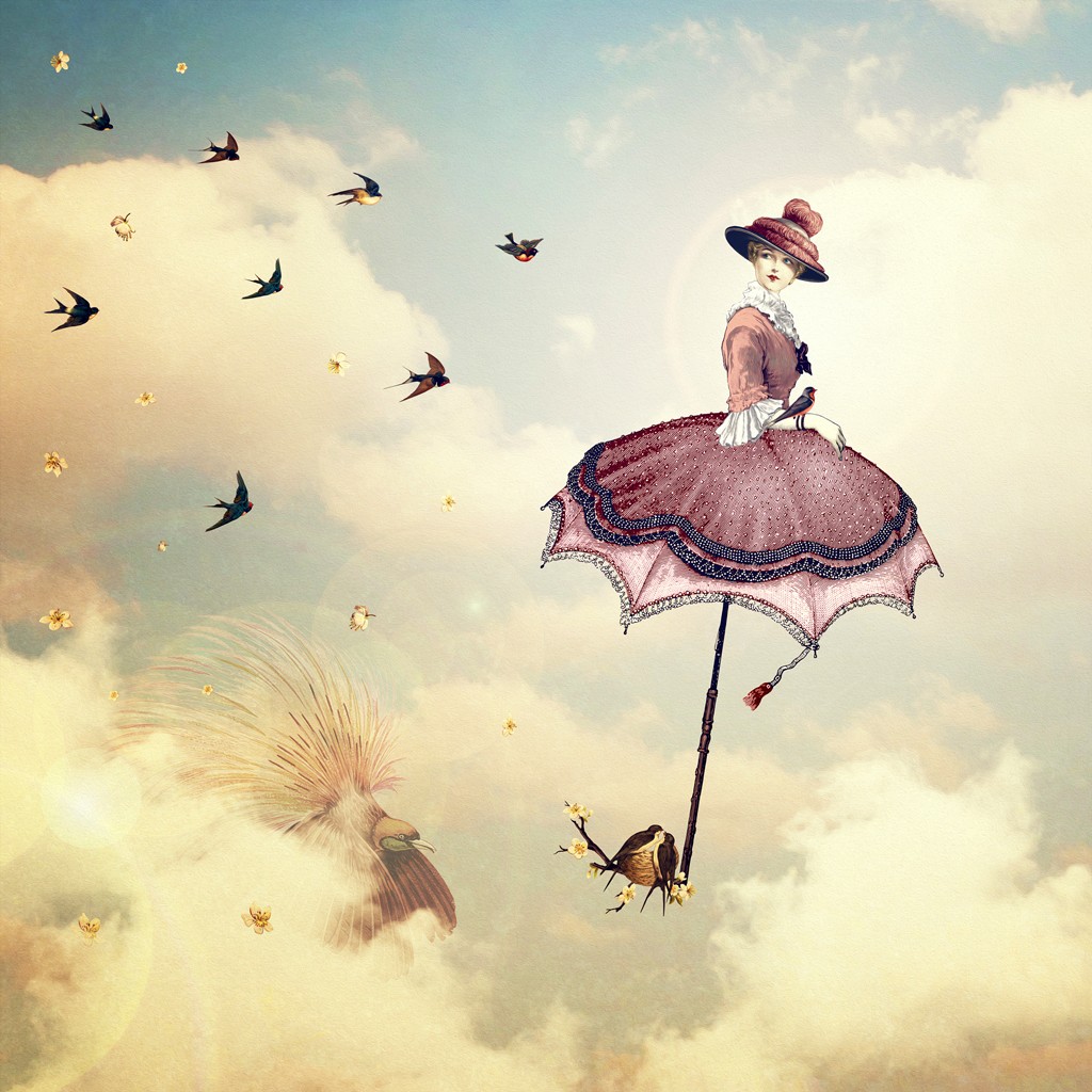 Paula Belle Flores, Another Kind of Mary Poppins (Himmel, Regenschirm, Frau, Schweben, Himmel, Schwalben, nest, Vögel, mystisch, Fantasy, surreal, modern, Wohnzimmer, Jugendzimmer, Wunschgröße)