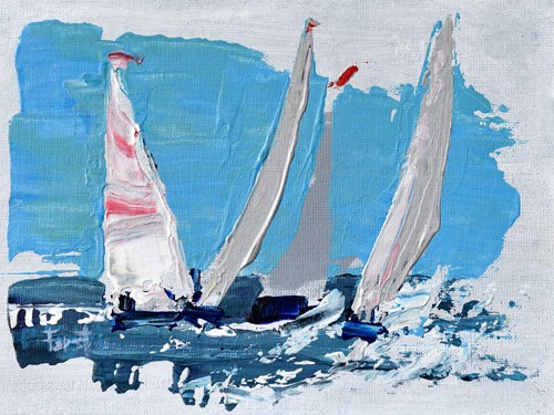 Beth A. Forst, Candy Stripe Regatta (Segelboote, Segel, Meer, Meeresbrise, Wind, Wettrennen, Regatta, moderne Malerei, pastos, Wunschgröße, Wohnzimmer, Badezimmer, Treppenhaus)