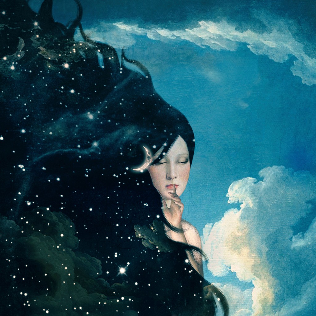 Paula Belle Flores, Lady Night (Frau, Haare Sterne, Himmel, Wolken, Nacht, mystisch, Fantasy, surreal, modern, Schlafzimmer, Jugendzimmer, Wunschgröße)