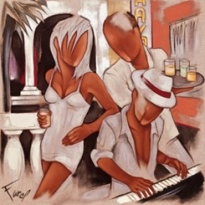 Pierre Farel, Havana Piano (Modern,Pop Art,Männer,Musiker,Frau,Bar,Bistro,Flur,bunt)