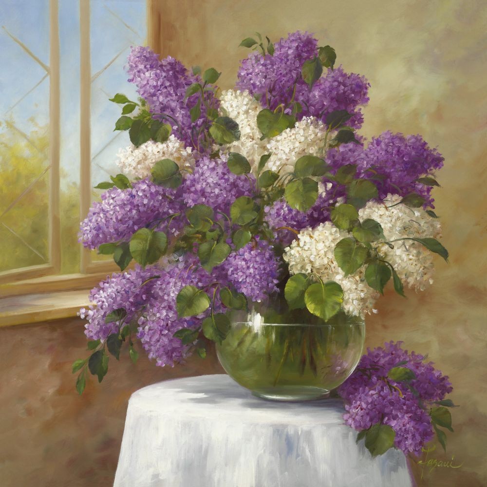 Fasani, Lilac Chorus (Malerei, Stillleben, Blumen, Flieder, Natur, Floral, Blüten, üppig, Vase, Blumenvase, Fenster, Schlafzimmer, Treppenhaus, bunt)