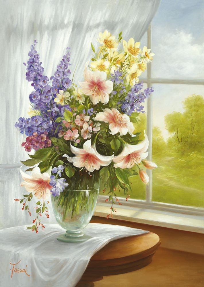 Fasani, On A Sunny Day I (Malerei, Stillleben, Blumen, Blumenstrauß, Fenster, weißer Vorhang, tranparent, leuchtend, Licht, Natur, Floral, Blüten, Vase, Blumenvase, Schlafzimmer, Treppenhaus, bunt)