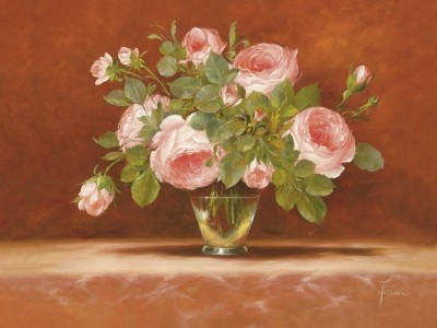 Fasani, ROSES ABSTRACT II (Malerei, Stillleben, Blumen, rosa Rosen,Floral, Blüten, Vase, Blumenvase, Schlafzimmer, Treppenhaus, bunt)