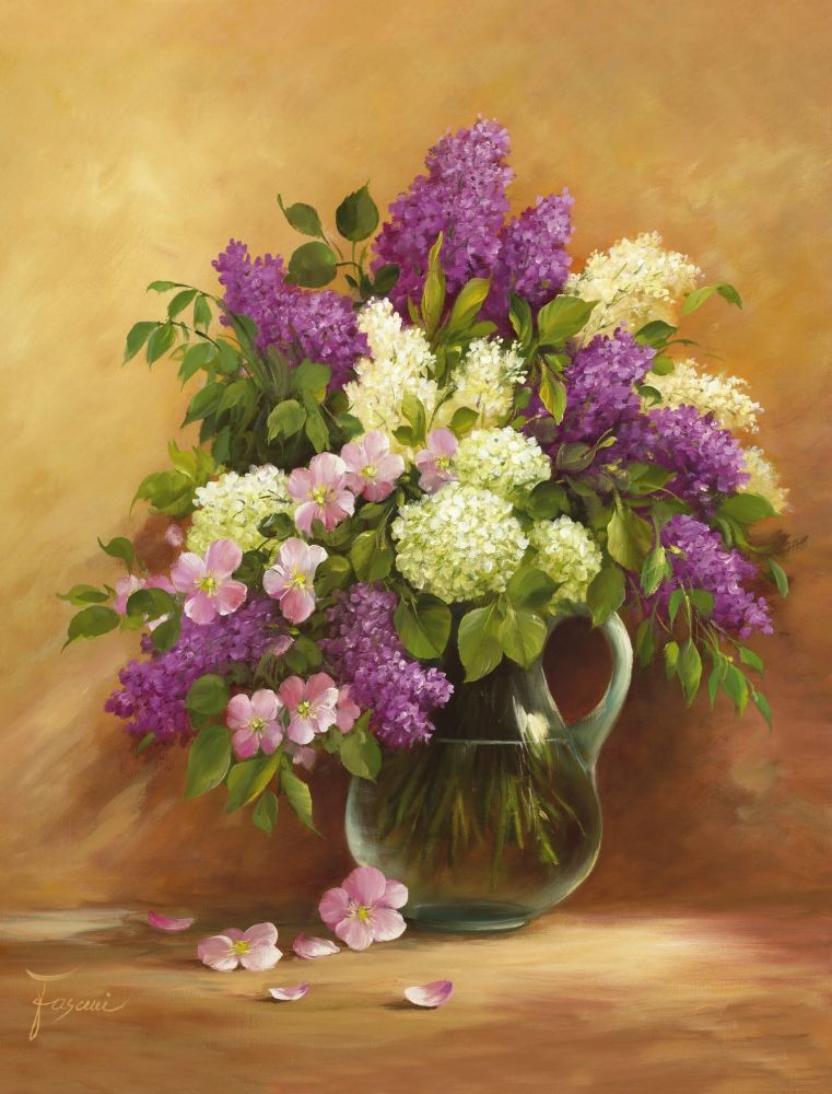 Fasani, Smell Of Lilac I (Malerei, Stillleben, Blumen, Flieder, Natur, Floral, Blüten, üppig, Vase, Blumenvase, Schlafzimmer, Treppenhaus, bunt)