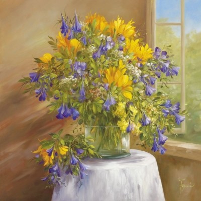 Fasani, SUMMER BLOOM (Malerei, Stillleben, Blumen, Sommerblumen,Floral, Blüten, üppig, Vase, Fenster, Licht, Blumenvase, Schlafzimmer, Treppenhaus, bunt)