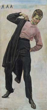 Ferdinand Hodler, Jenenser Student (Wunschgröße, Malerei, Jugendstil, figurativ, Mann, junger Mann, Eleganz, Aufbruch, Anzug, Jacke, Jacket, ankleiden,  Schlafzimmer, Wohnzimmer, bunt)