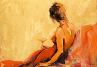 Elena Filatov, Just for one drink (Drink, junge Frau, Verführung, Rückendekoltee, Cocktail, graziös, erotisch, Eleganz, figurativ, Wohnzimmer, bunt)