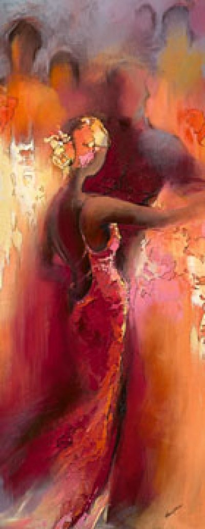 Elena Filatov, Tanzabend I (Tanz, Paartanz, junge Frau, Rückendekoltee, graziös, erotisch, Eleganz, figurativ, Wohnzimmer, modern, bunt)