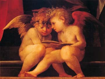 Fiorentino Rosso, Angeli (Engel, Putten, Gespräch, Buch, Detail, Madonna mit Heiligen und Kind, Manierismuns, Klassiker, Malerei, Wohnzimmer, Wunschgröße, bunt)