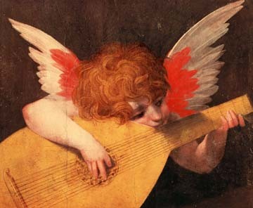 Fiorentino Rosso, Angelo Musicante (Engel, Putte, Musikinstrument, Laute, musizieren, Manierismuns, Klassiker, Malerei, Wohnzimmer, Wunschgröße, bunt)