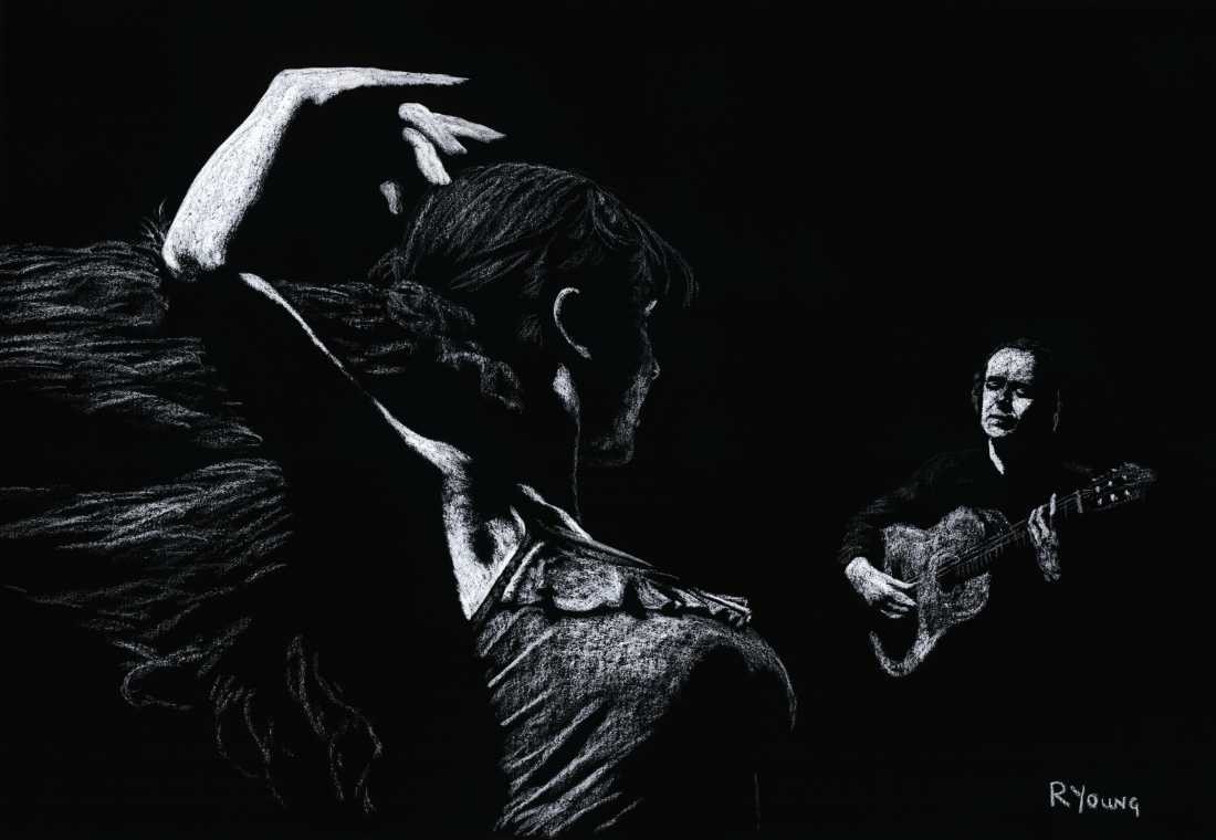 Konfiguration benutzen (Flamenco, Ballett, Tänzerin,  Energie, Tanz, Frau, Temperament, Konzentration, Musiker, Malerei, zeitgenössischer Realismus, Wohnzimmer, Wunschgröße, schwarz/weiß)
