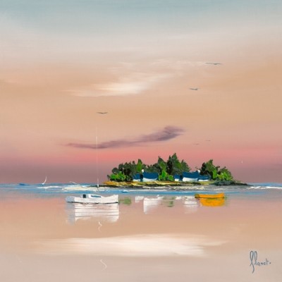 Frédéric Flanet, Soleil couchant sur le golfe 2 (Meeresbrise, Landschaften,   Meer, Sonnenuntergang, Segelboote, Insel, Häuser, Bretagne, Frankreich, Atlantik, Wohnzimmer, Treppenhaus, bunt)