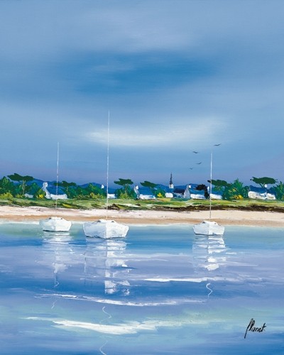 Frédéric Flanet, Village breton (Malerei, Meeresbrise, Landschaften, Natur, Meer, Strand, Küste, Häuser, Boote, Segelboote, Bretagne, Frankreich, Atlantik, Wohnzimmer, Treppenhaus, bunt)