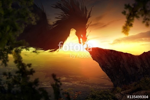 kevron2001, Man and dragon (buch, bibel, mann, drache, monster, gefahr, entsetzen, large, landschaft, beängstigend, wolken, dunkel, himmel, sonnenuntergang, klippen, berg, vale, konzep)