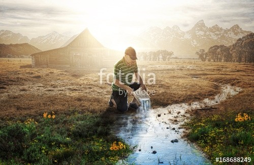 kevron2001, Pouring living water into a stream (life, bibel, buch, religion, christlich, mann, wasser, flüsschen, rivers, blume, tot, gärten, wiese, natur, surreal, konzept, blau, erfrischen, trinke)