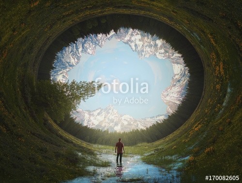 kevron2001, Surreal round landscape (runde, kreis, landschaft, natur, mann, allein, flüsschen, rivers, surreal, abstrakt, gras, feld, berg, wiese, strömen, wasser, blume, baum, welt, planet, sphär)