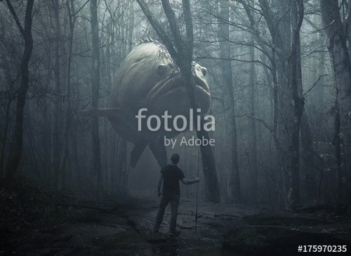kevron2001, Large fish in the forest (fisch, surreal, tiefe, meer, ozean, wasser, unter, blau, dunkel, nacht, mann, fischer, fang, köder, haken, köder, jagen, groß, wal, wald, baum, hol)