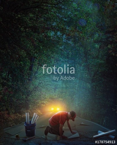 kevron2001, Building a road at night (straßen, autos, nacht, aufbauen, work, mann, surreal, papier, tape, baum, wald, gefahr, spannung, beklemmung, hart, asphalt, straße, pfa)