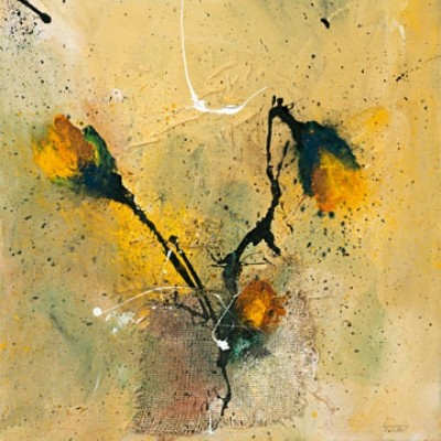 Isolde Folger, Blüten I (Blumen, Blüten, Rosen, pastos, Pinselspuren, abstrakter Hintergrund, moderne Malerei, zeitgenösisch, Treppenhaus, Wohnzimmer, gelb)