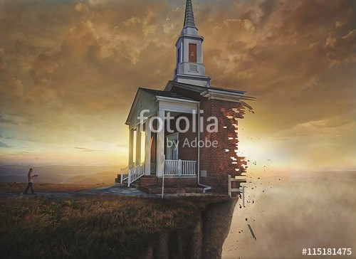 kevron2001, Church on a cliff (kirche, religion, christlich, gebäude, klippen, berg, fallen, destruction, gefahr, tür, mann, spaziergang, buch, lesen, allein, surreal, konzep)