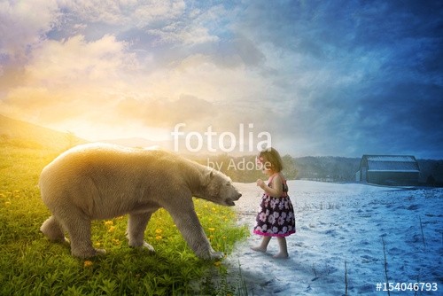kevron2001, Polar bear and little girl (polar, bär, global, schnee, kalt, hot, warm, kind, mädchen, kleinkind, baby, wetter, sonne, leuchten, tier, feld, blume, wiese, konzept, surrea)