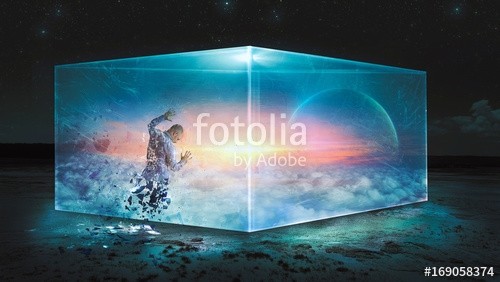 kevron2001, Man trying to understand the universe (universum, mann, raum, galaxies, verstehen, schöpfung, surreal, pause, glas, box, schmerz, solar, system, planet, nacht, stern, himmel, broken, destruction, geist, intelligenz, frustratio)