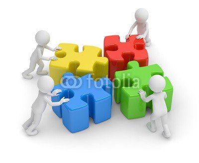 fotomek, vier puzzle teamwork (Wunschgröße, Fotokunst, Motivation, Inspiration, Ansporn, Herausforderung, Teamwork, Partnerschaft, Konzept, Puzzleteile, Gemeinsamkeit, Stärke, Energie, Wille, Business, Büro, bunt)