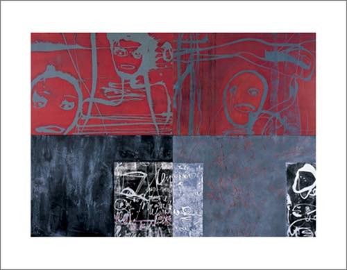 Franca RAVET, Pas d'orchides, 2004 (Modern, Abstrakt, Abstrakte Malerei, Farbfelder, Ornamente, figurativ, zeitgenössiche, Wohnzimmer, grau/rot)