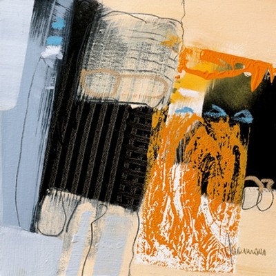 Francesco Cusumano, Movimenti I (Abstrakt, Wunschgröße, Abstrakte Malerei, Business, Büro, Treppenhaus, hellblau, schwarz, orange, beige)
