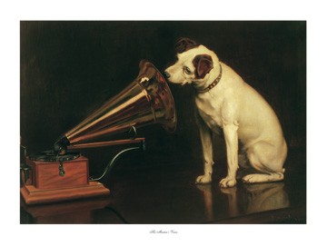 Francis Barraud, His Master's Voice (Hund, Grammophon, Nipper, Plattenlabel, Klassiker, Malerei, Wohnzimmer, Musikzimmer, bunt)