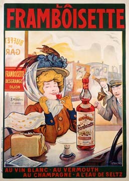 Francisco Tamago, La Framboisette (Plakatkunst, Werbung, Himbeerwein, Nostalgie, Küche, Gastronomie, Bistro, Wunschgröße, Grafik, bunt)