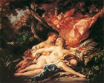 Francois Boucher, Jupiter in der Guise of Diana (Gott, Mythologie, Diana,  Jupiter, Akt, nackt, Erotik, Rokoko, Malerei, Klassiker, Wunschgröße, Wohnzimmer, Schlafzimmer, bunt)