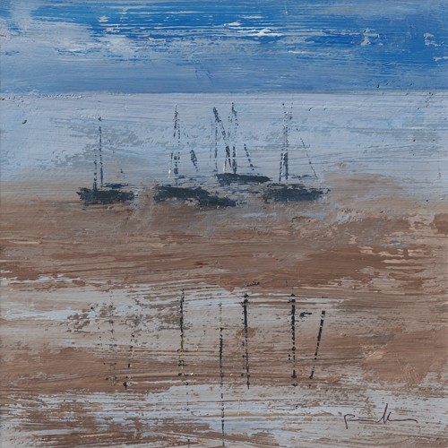 Françoise Persillon, Marée basse (Wunschgröße, Malerei, Modern, Landschaftsmalerei, Meeresbrise, Meer, Ebbe, Dunst, Segelboote,  Horizont, Himmel, Wohnzimmer, Arztpraxis, blau / braun)