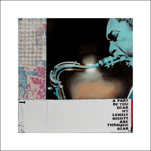 Frank Damm, Untitled, 2010 (Jazz, Musik, Musiker, Bläser, Fotokunst, Collage, Text, Musikzimmer, Treppenhaus, Wohnzimmer, bunt)