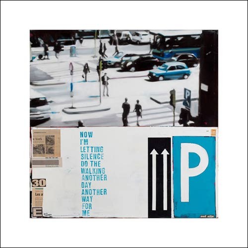 Frank Damm, Untitled, 2010 (Straße, Straßenszene, Color-Spot, Fotokunst, Collage, Text,  Treppenhaus, Wohnzimmer, blau/schwarz/weiß)