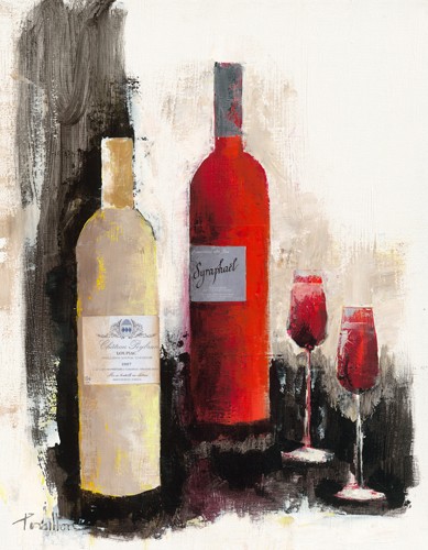 Françoise Persillon, Blanc soyeux et rouge grenat (Wunschgröße, Malerei, Modern, Flasche, Weißwein, Rotwein, Wein, Weingläser, Genuss, Gastronomie, Bistro, Restaurant, Vinothek, Esszimmer, Wohnzimmer,  bunt)